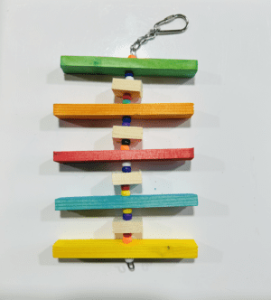 Colorful wooden bird toy with beads.